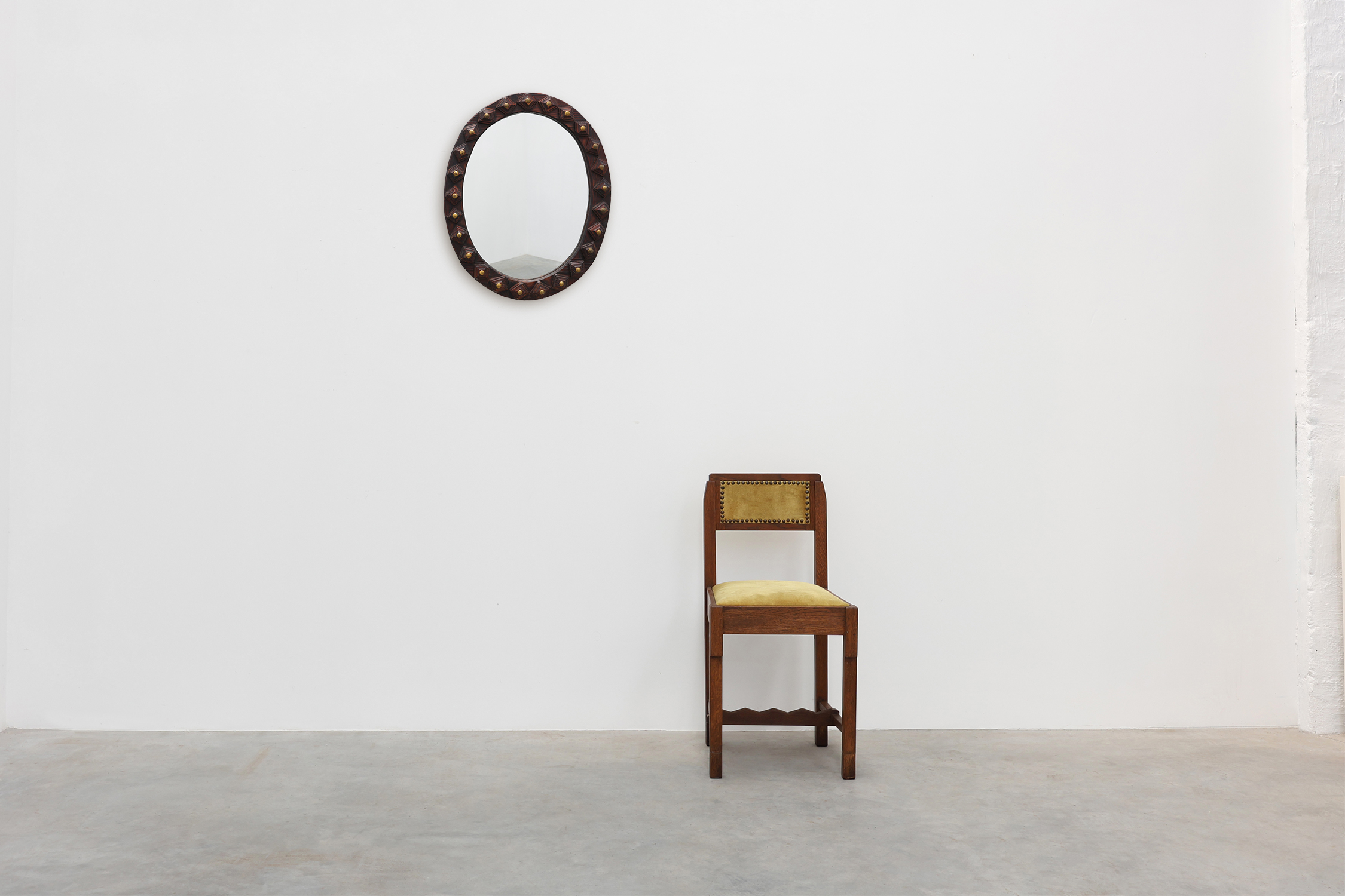 Spanish Brutalist Oval Mirror in Hand-Carved Wood with Brass Studs, 20th Centurythumbnail